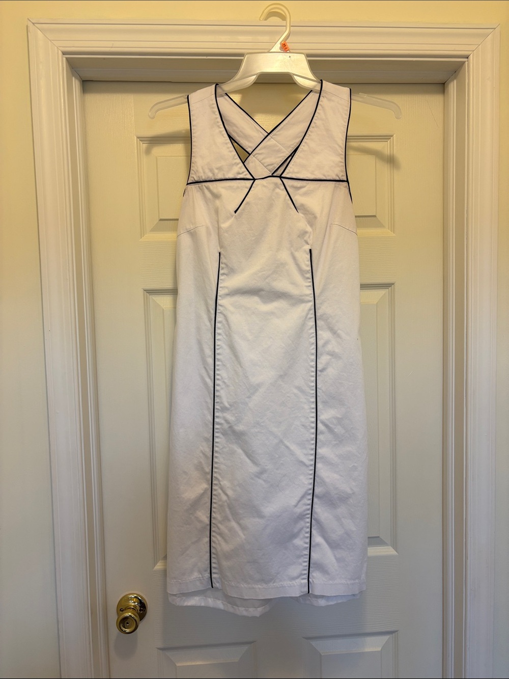 Sleeveless White Lined Denim Dress with Black Piping
